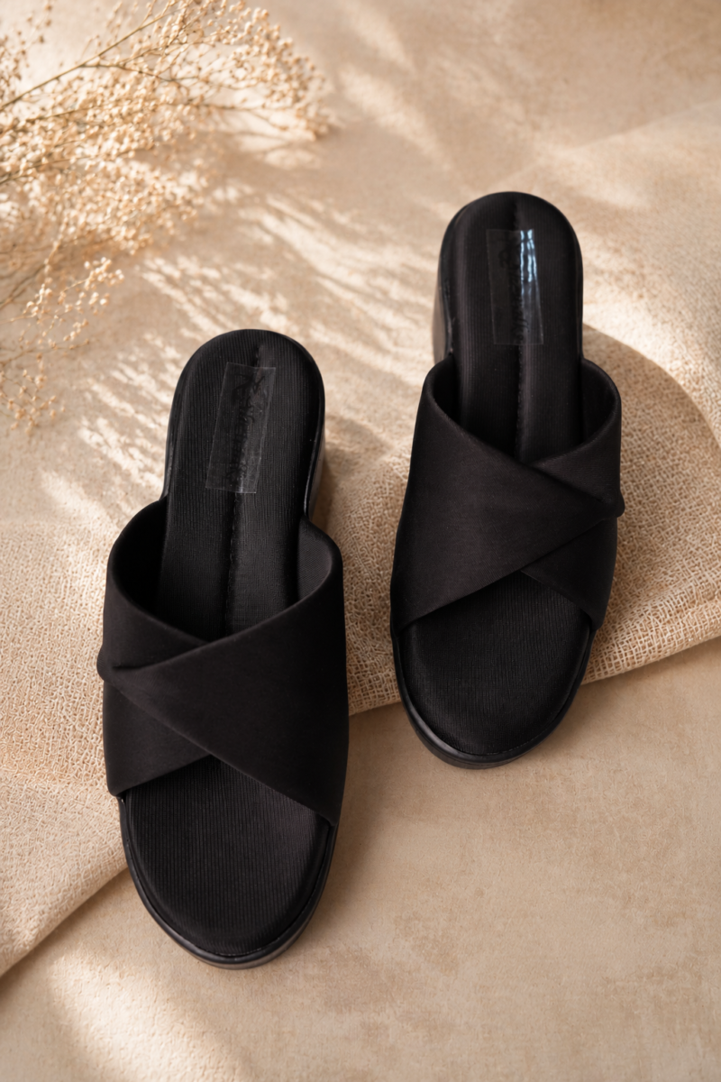 Cozy Black Crisscross Wedges