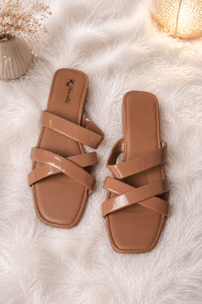Glossy TAN Slide Flip-Flops